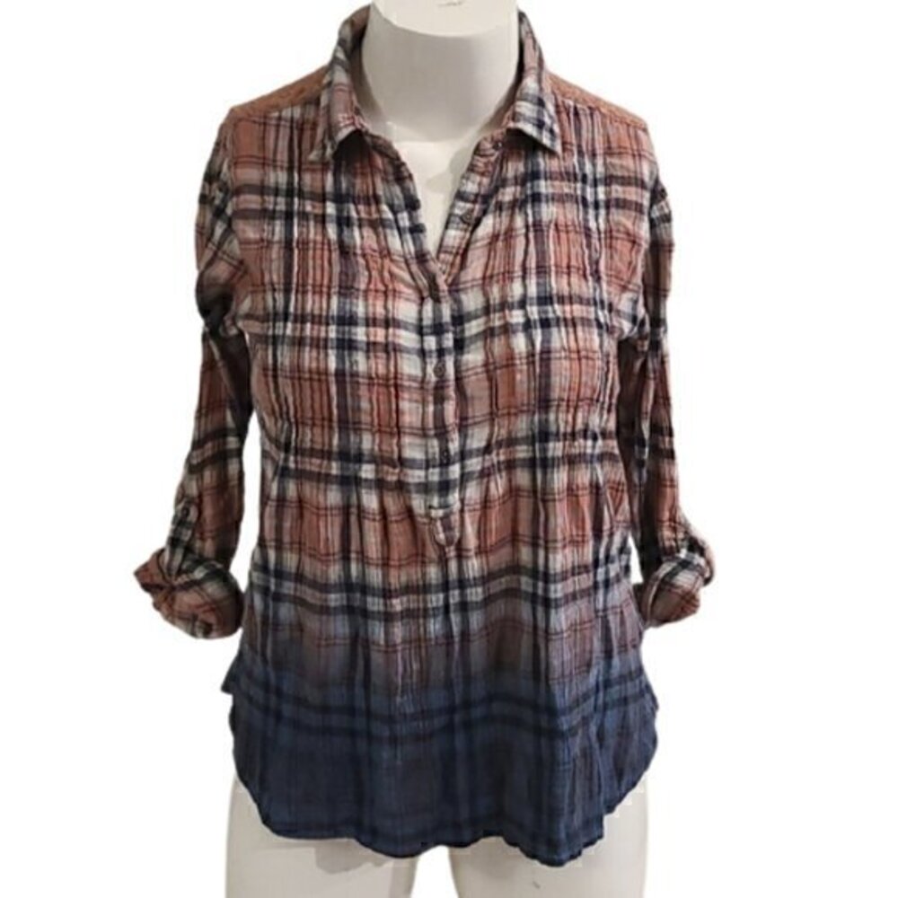 [Vintage America] Collared Roll Up Sleeve Top-Sz L